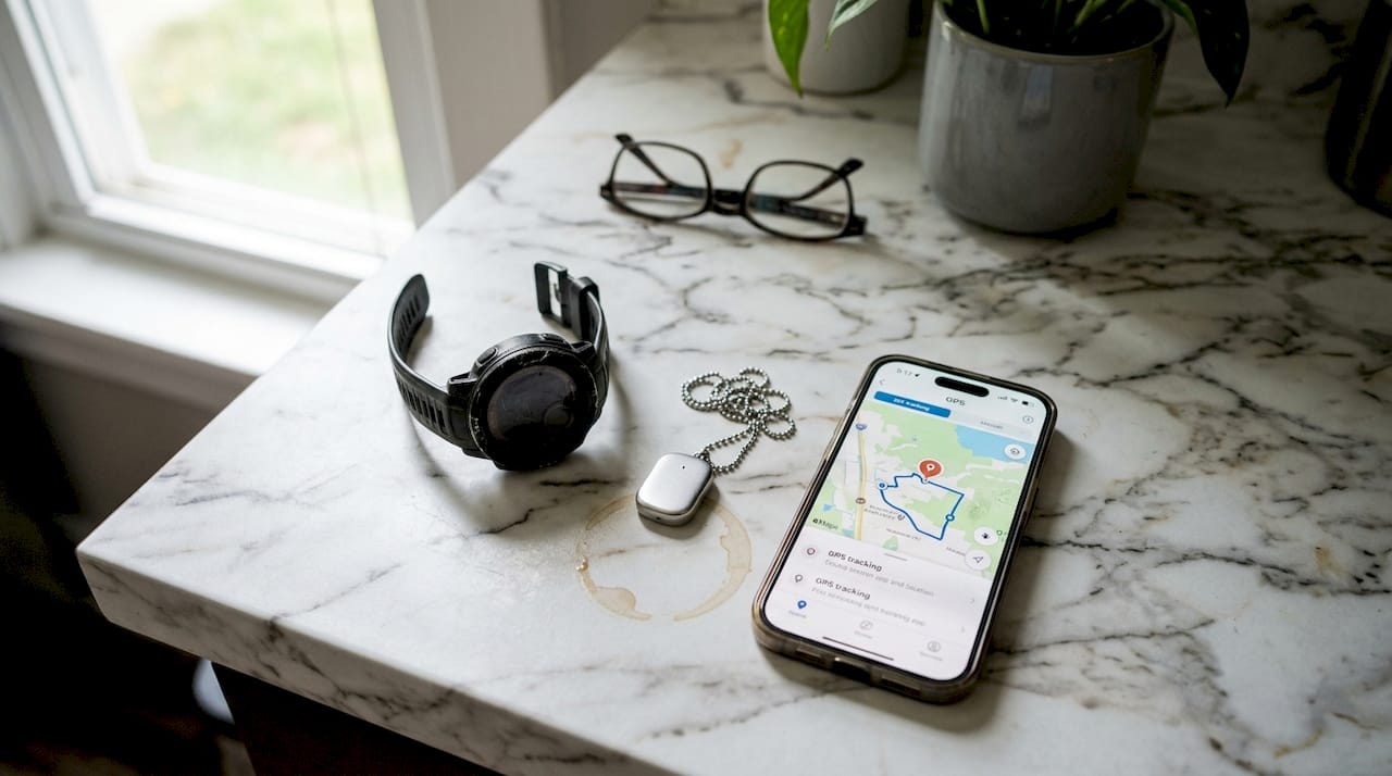 Various GPS tracker types on kitchen counter