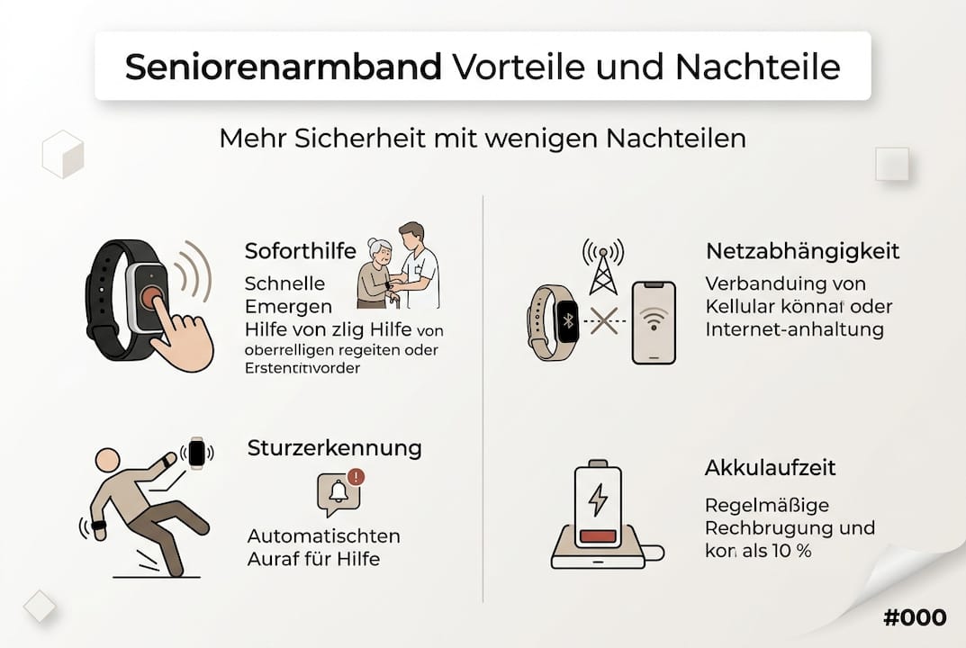 Die Infografik bietet einen übersichtlichen Vergleich der Vor- und Nachteile von Seniorensicherheitsarmbändern.