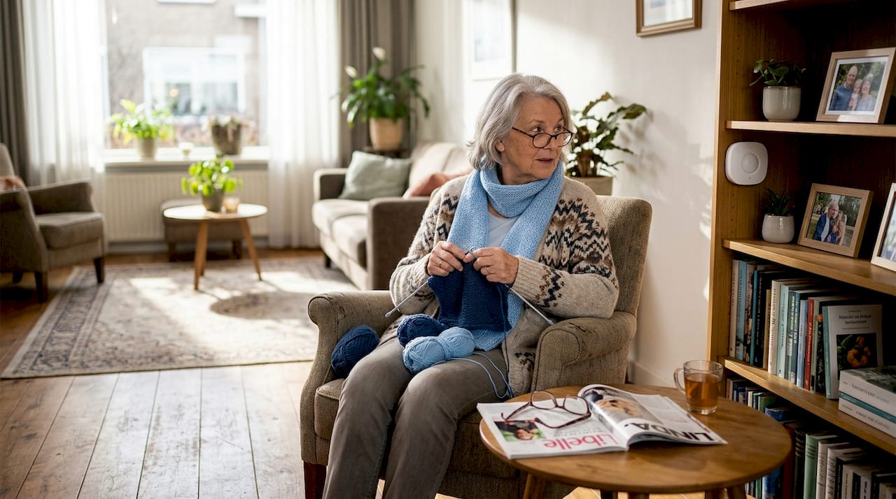 Oudere dame met radarsensor in de woonkamer