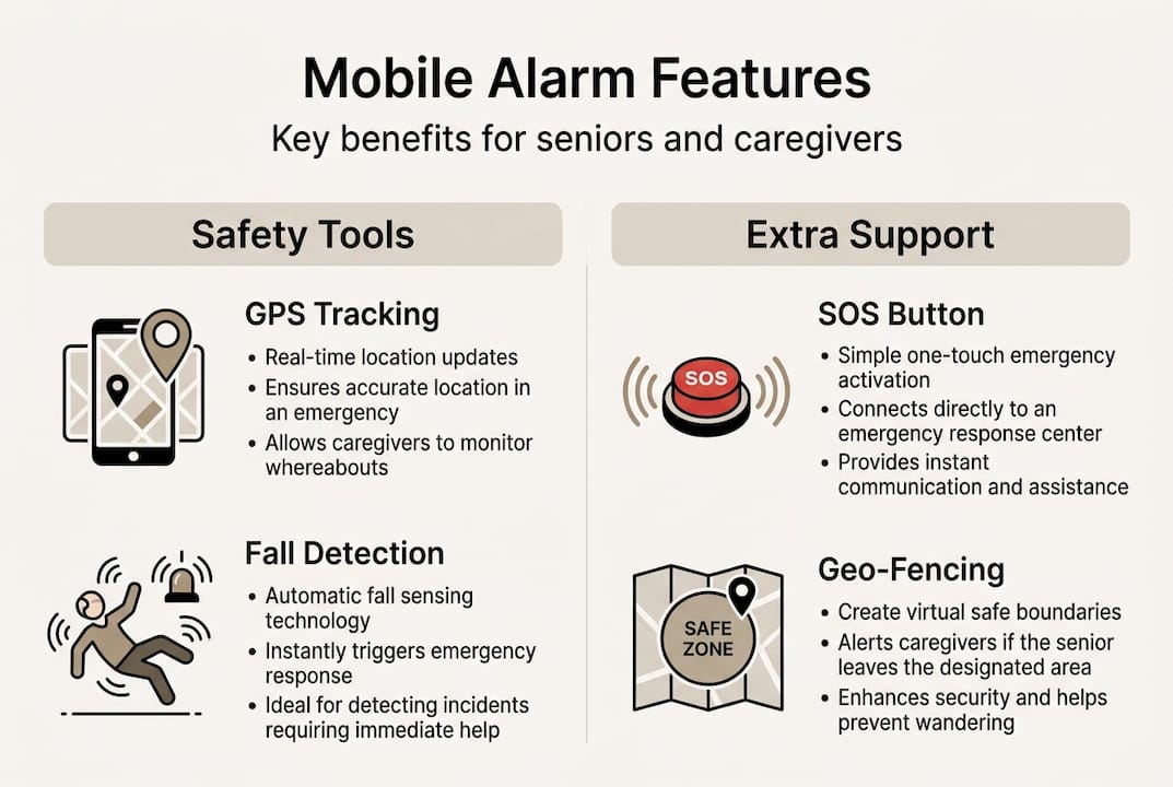 Infographic of mobile alarm safety and support features