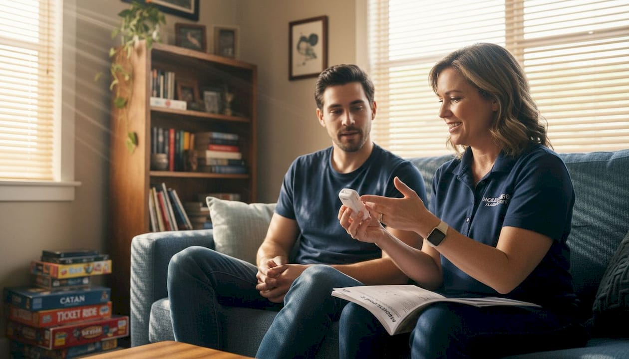 Caregiver explains fall detection alarm to family