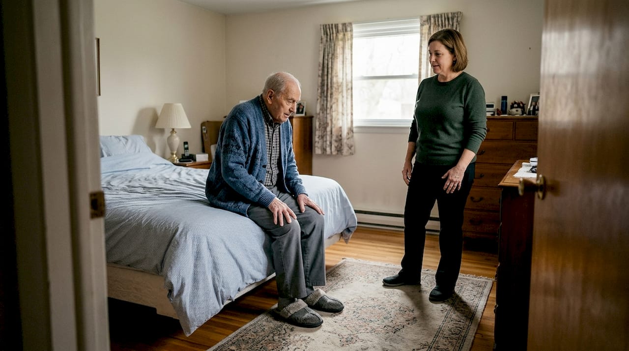 Caregiver and senior near bed with alarm pad