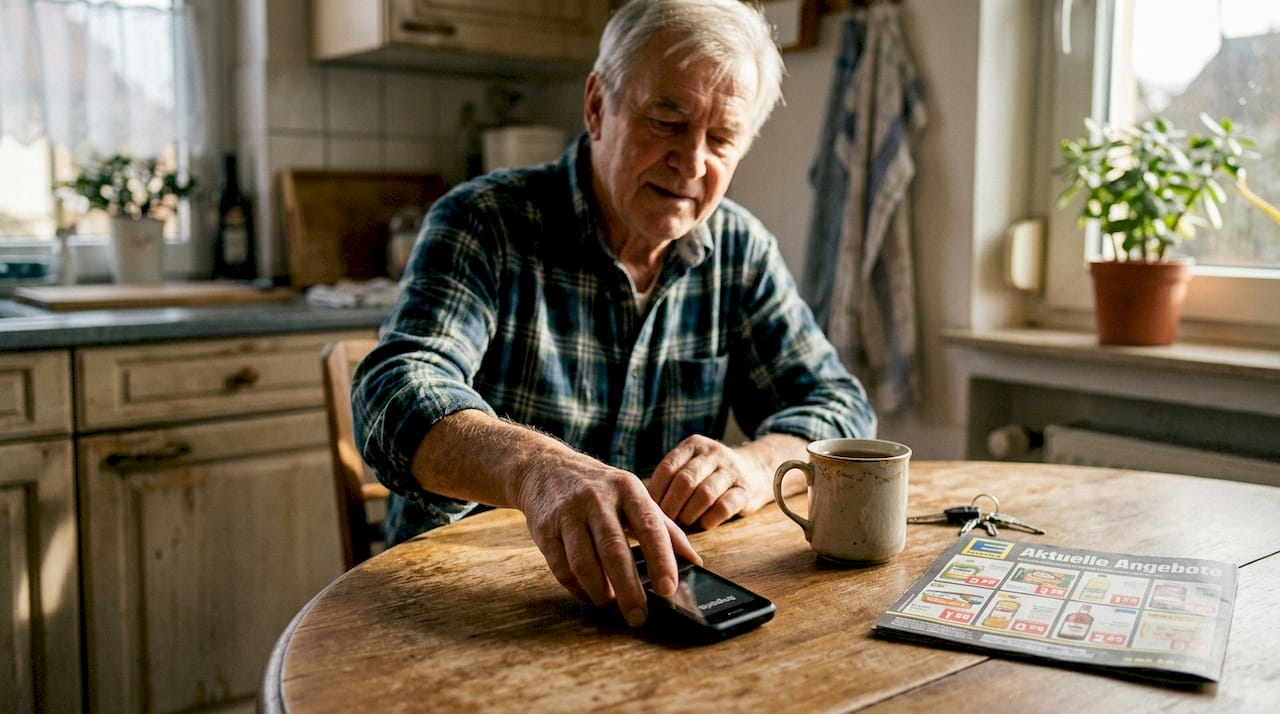 Ein älterer Herr legt sein einfaches Handy auf den Küchentisch.