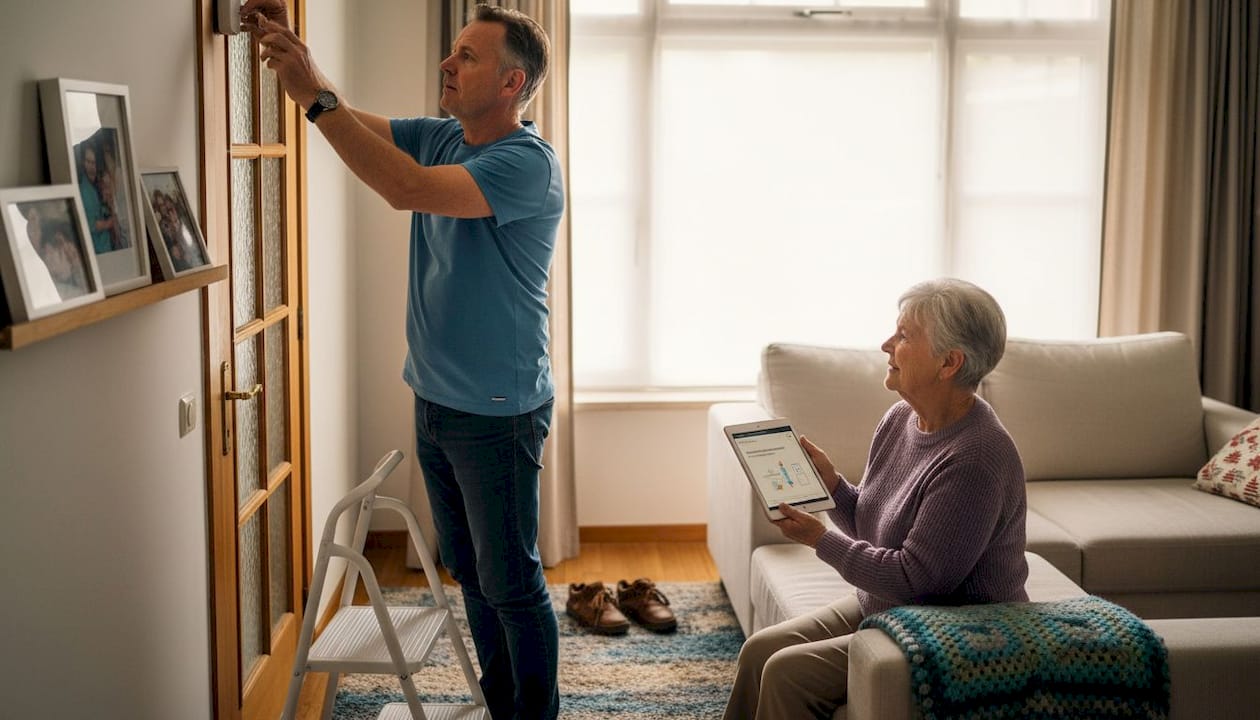 Een gezin installeert een sensor om hun huis in de gaten te houden.