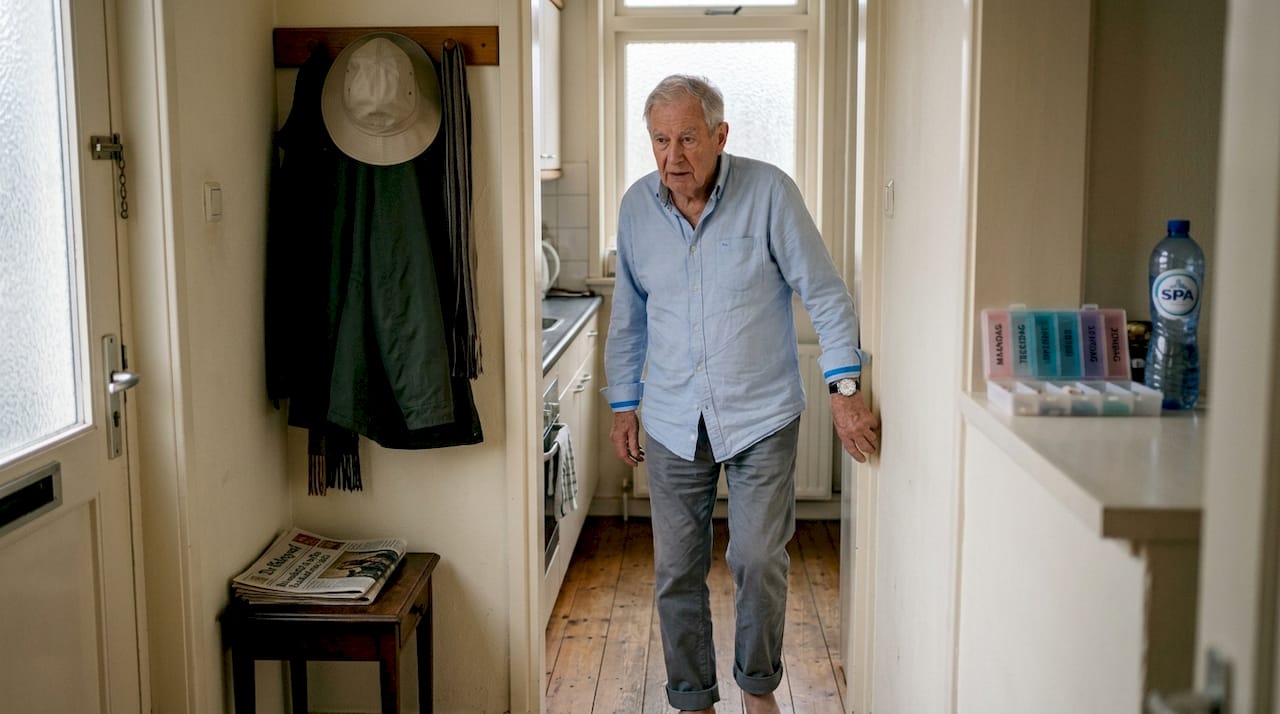 Een oudere man loopt thuis rond met een alarmhorloge om zijn pols.