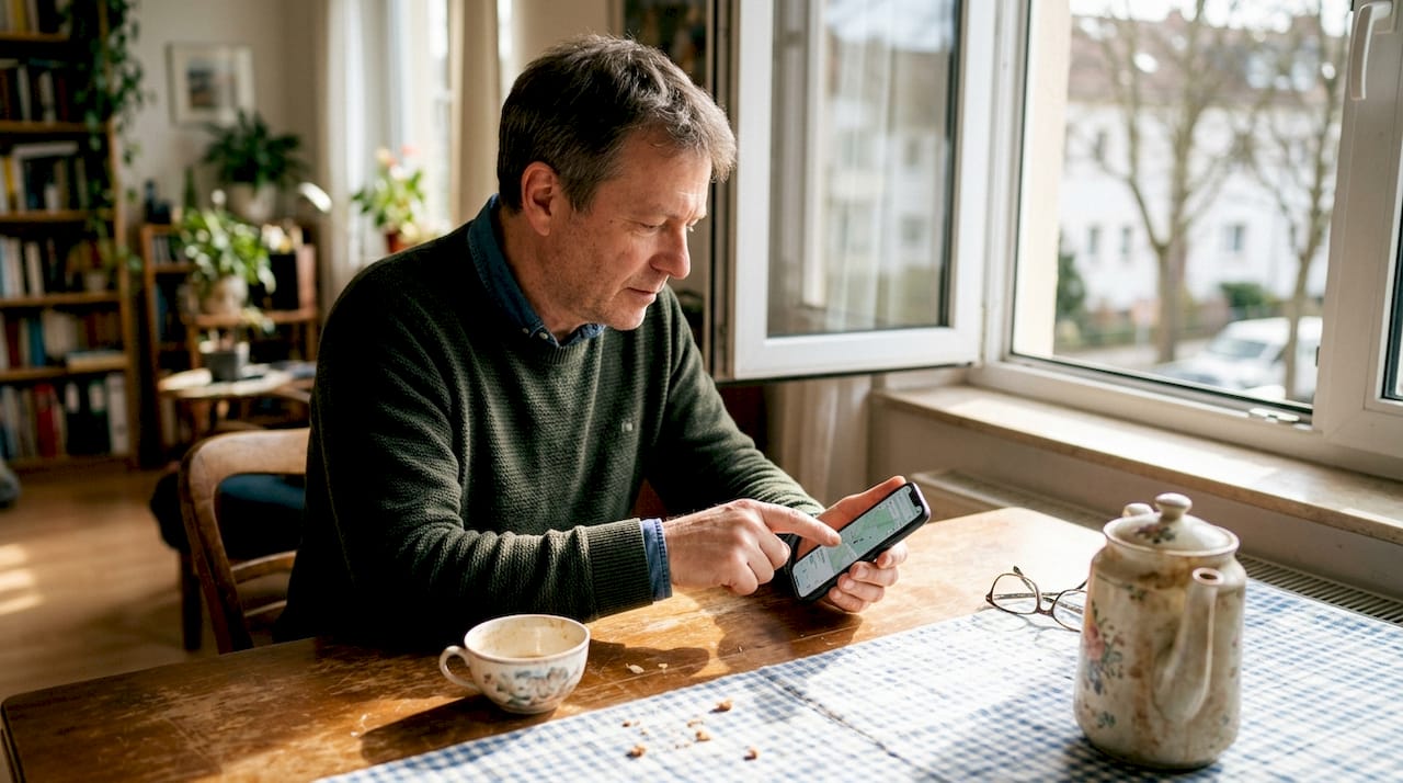 Mann überprüft den Standort seiner GPS-Uhr bequem per Smartphone.