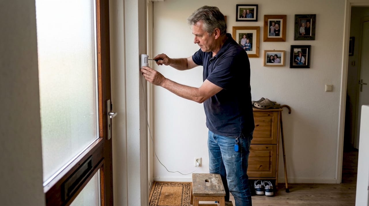 Een man is bezig een bewegingssensor te plaatsen in de gang.