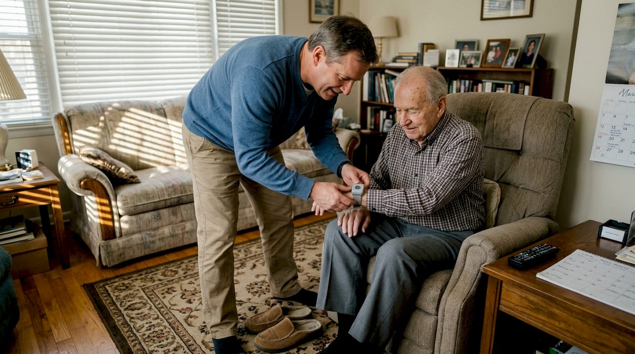 Family member helps senior put on alarm watch