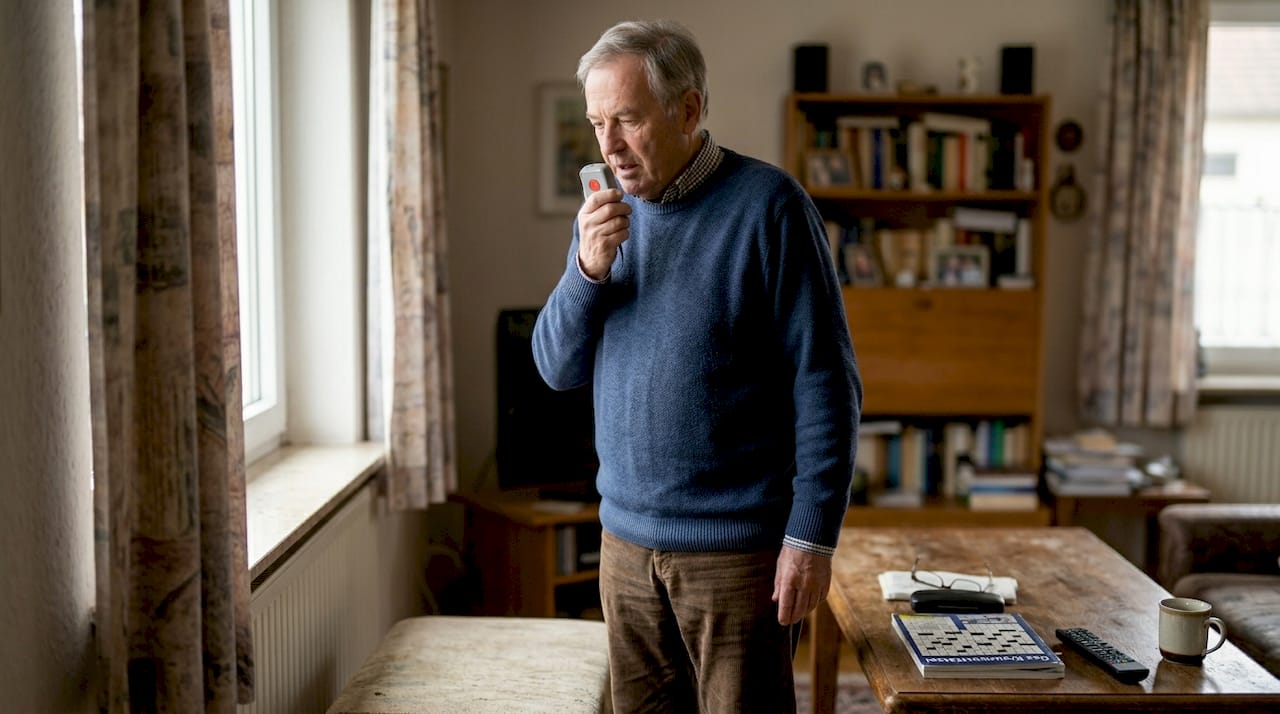 Ein älterer Herr spricht zu Hause in sein Notrufsystem.