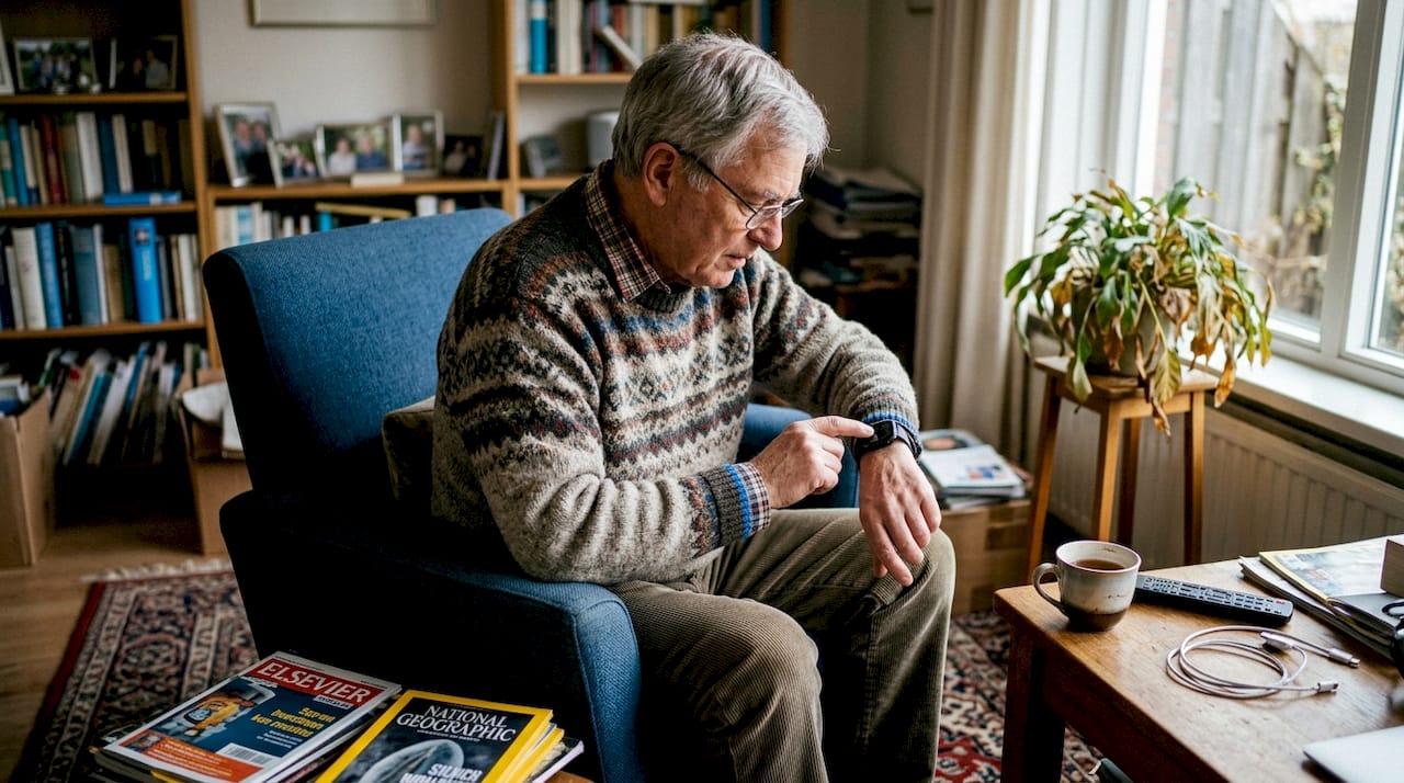 Oudere man bedient zijn smartwatch in de huiskamer