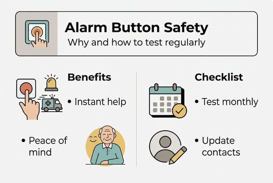 Infographic on alarm button testing benefits and steps