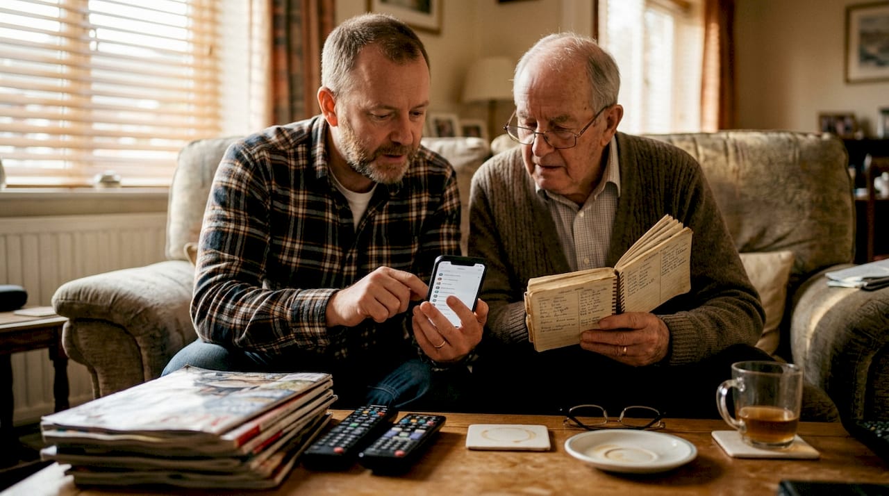Family updating emergency contacts on phone together