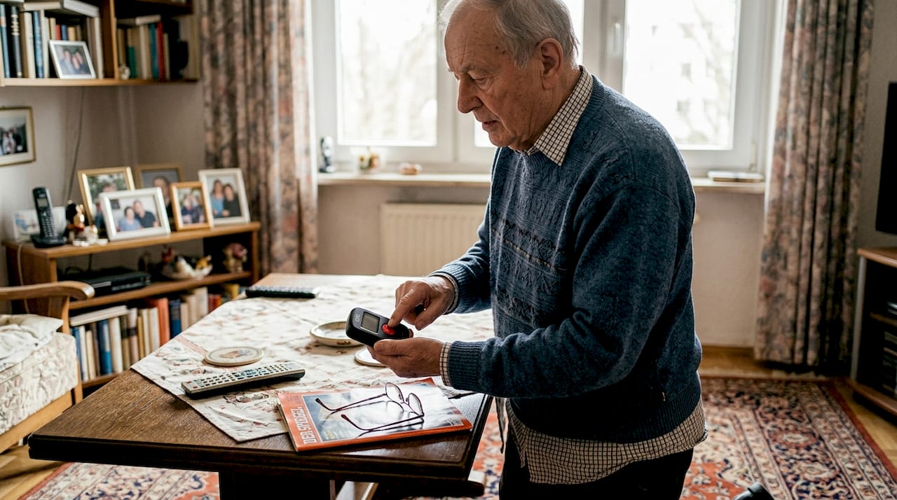 Älterer Herr drückt den Notfallknopf mit GPS-Funktion