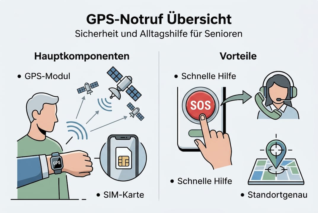 Infografik: Die wichtigsten Bauteile eines GPS-Notrufsystems und ihre Vorteile auf einen Blick