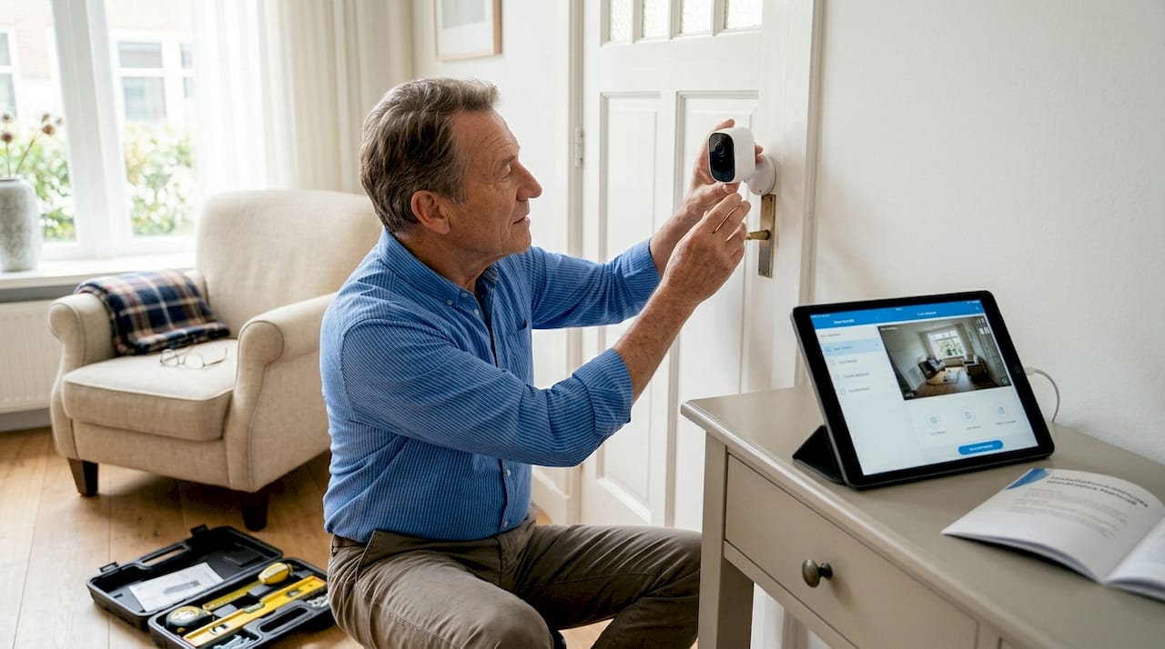 Man op leeftijd probeert uit waar hij de camera het beste in de woonkamer kan plaatsen