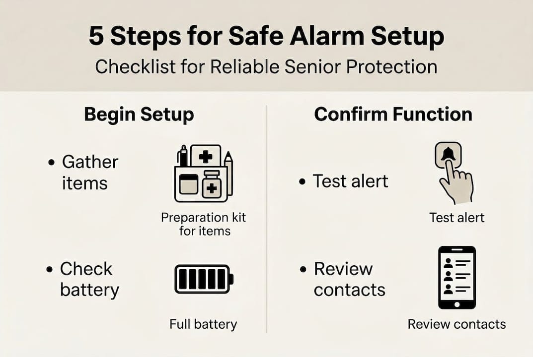 Infographic showing 5 steps for alarm device setup