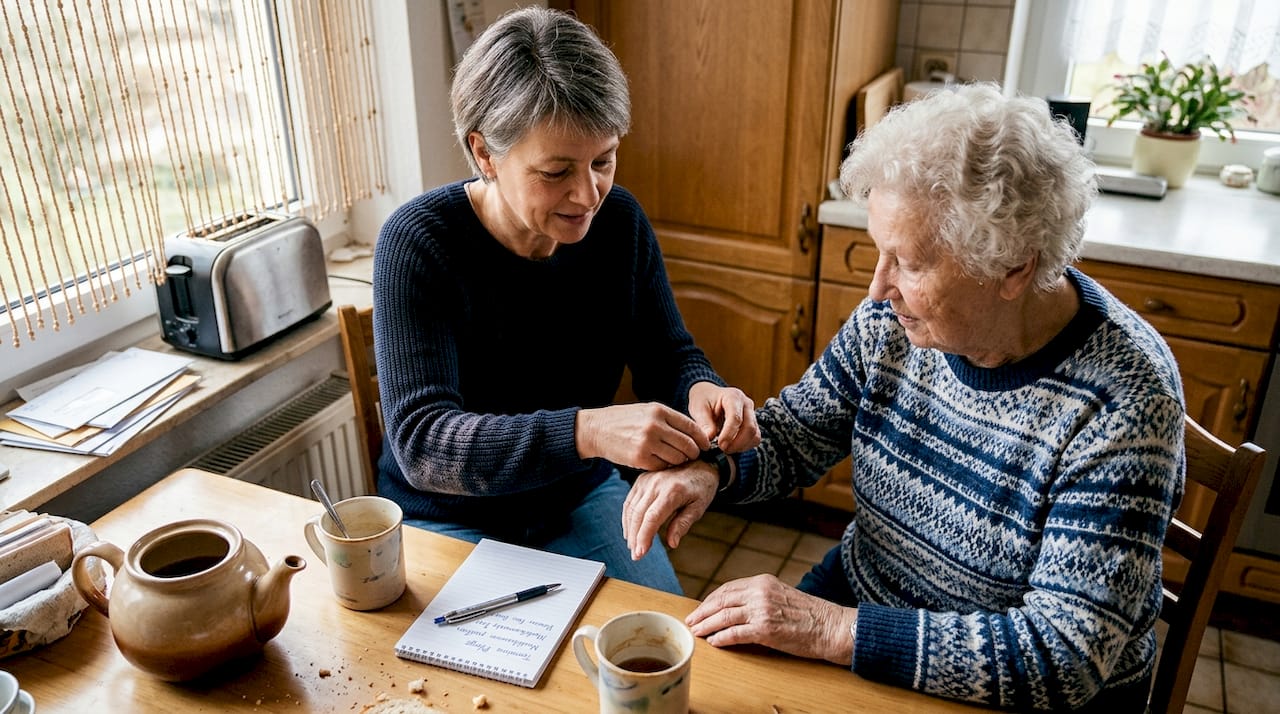 Eine Pflegekraft unterstützt eine Seniorin dabei, einen GPS-Tracker zu nutzen, damit sie sich im Alltag sicherer fühlt.