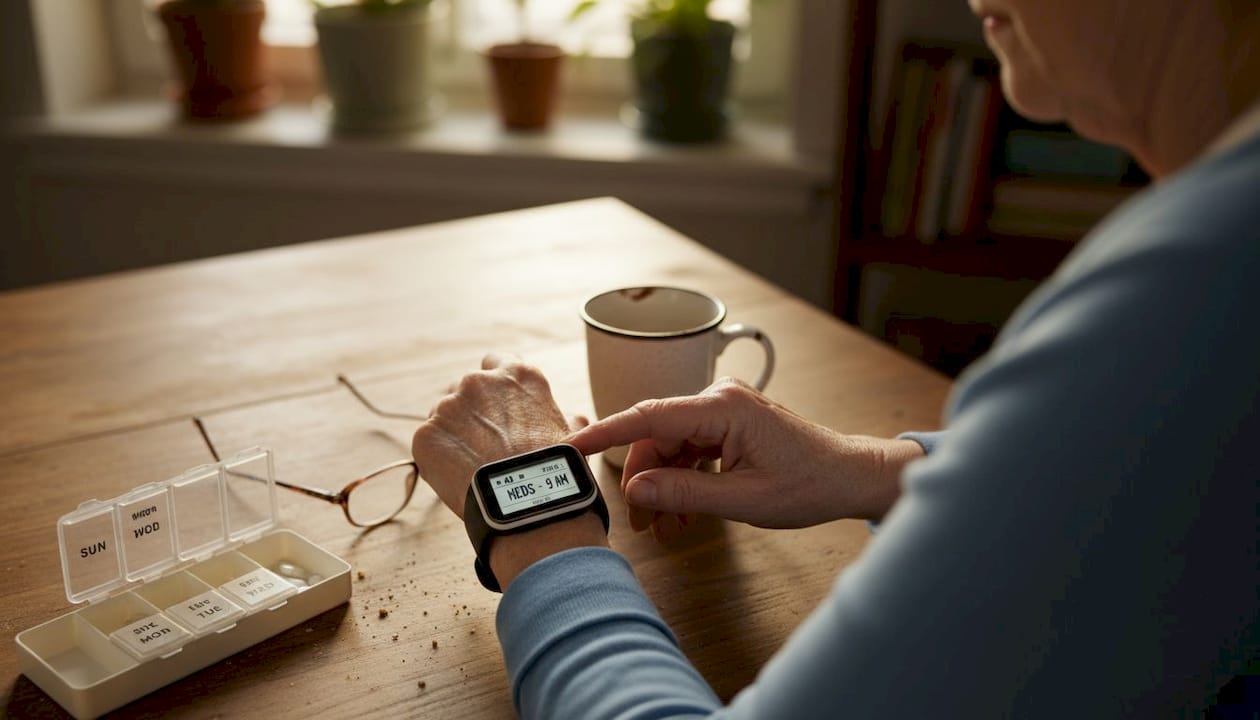 Senior woman adjusting fall detection alarm watch