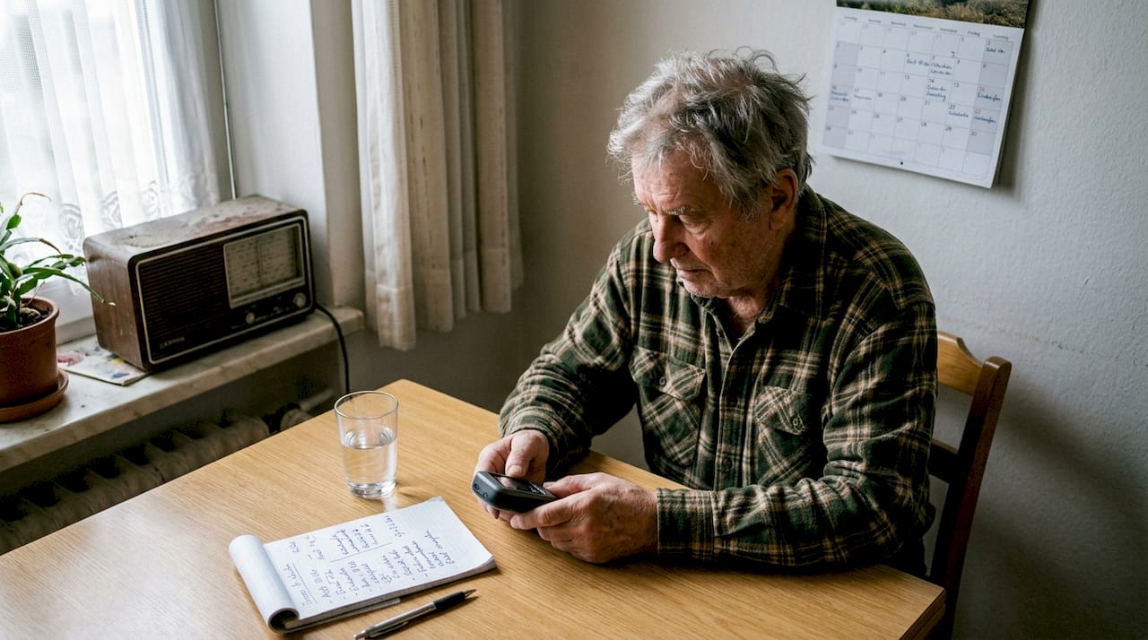Ein älterer Herr sitzt am Küchentisch und begutachtet aufmerksam einen GPS-Tracker.