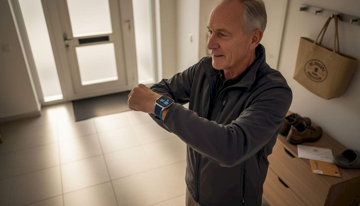 Terwijl hij zijn jas aantrekt, heeft de man zijn alarmhorloge om.