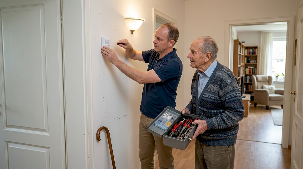 Ein Senior bringt gemeinsam mit einem Angehörigen eine Sicherheitsvorrichtung an.