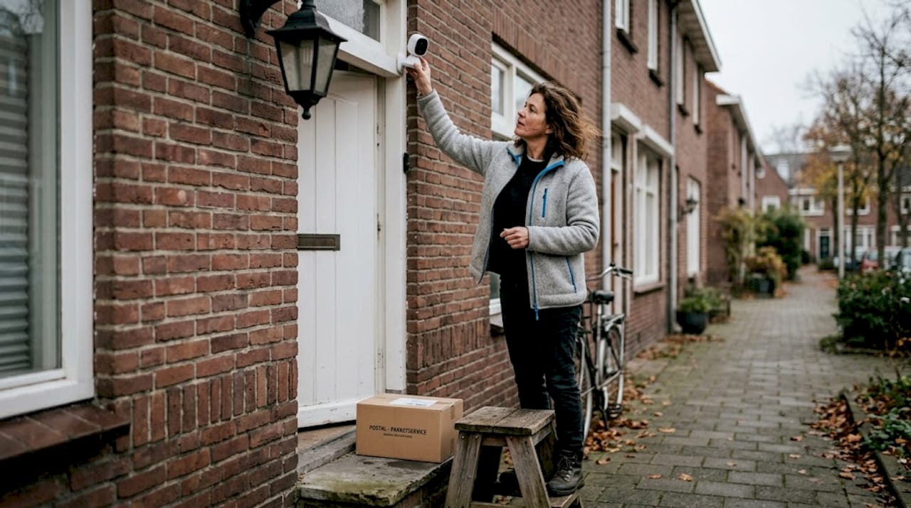 Vrouw hangt beveiligingscamera bij haar voordeur op