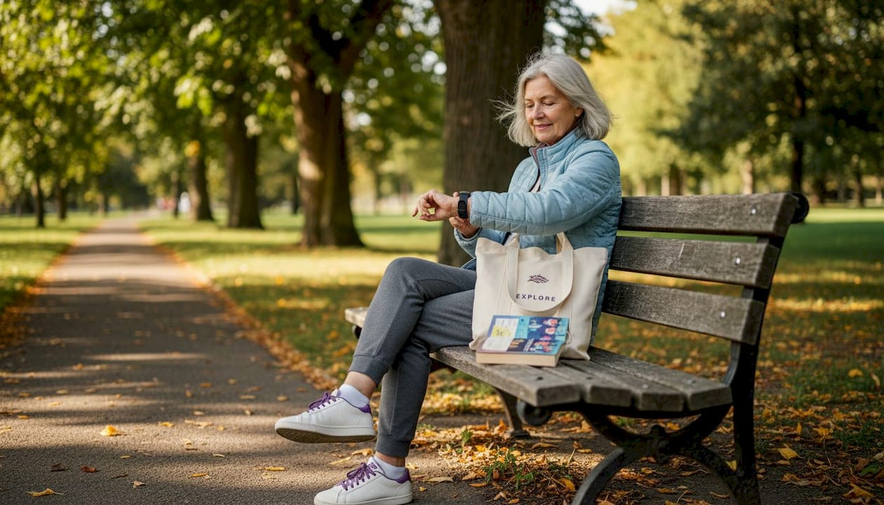 Senior woman using GPS watch in park