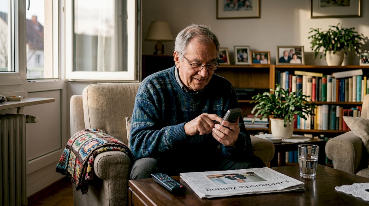 Ein älterer Herr sitzt entspannt im gemütlichen Wohnzimmer und tippt auf seinem Smartphone.