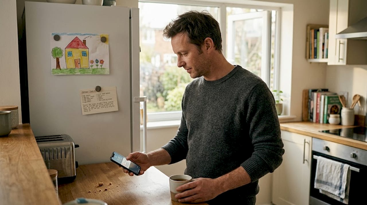 Man checks phone alert in family kitchen