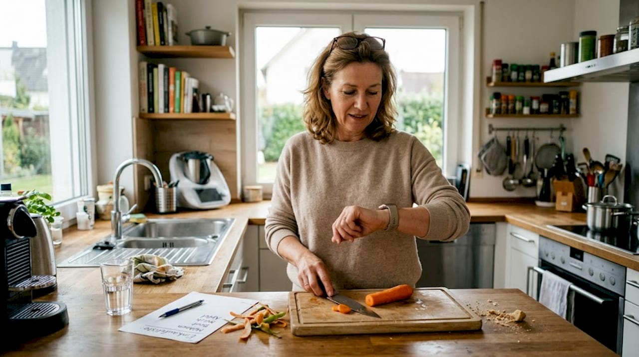 Eine Frau wirft in der Küche einen Blick auf ihre Smartwatch.