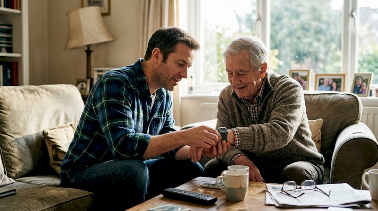 Eine Familie testet gemeinsam im Wohnzimmer ein GPS-Notrufarmband.