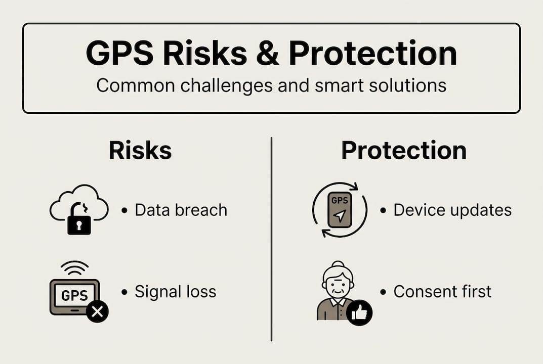 Infographic showing GPS tracker risks and protections