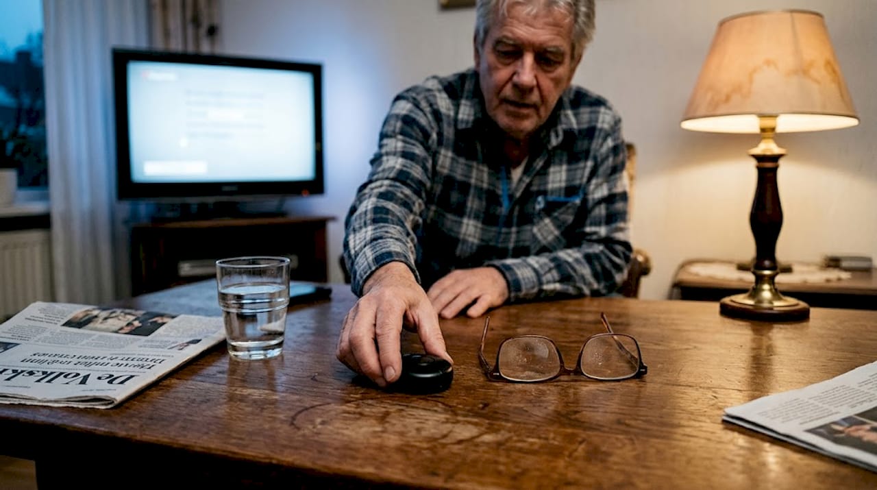 Een alarm en een bril liggen op de salontafel.