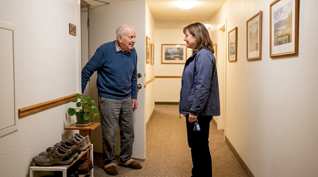 Een oudere en zijn buurman overleggen samen over hoe ze hun buurt veiliger kunnen maken.