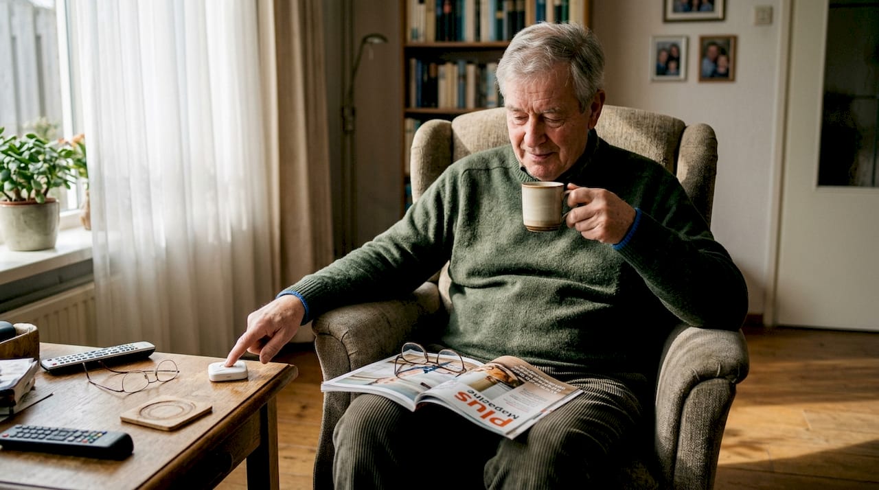 Een oudere man maakt thuis gebruik van een draadloze alarmknop voor extra veiligheid.