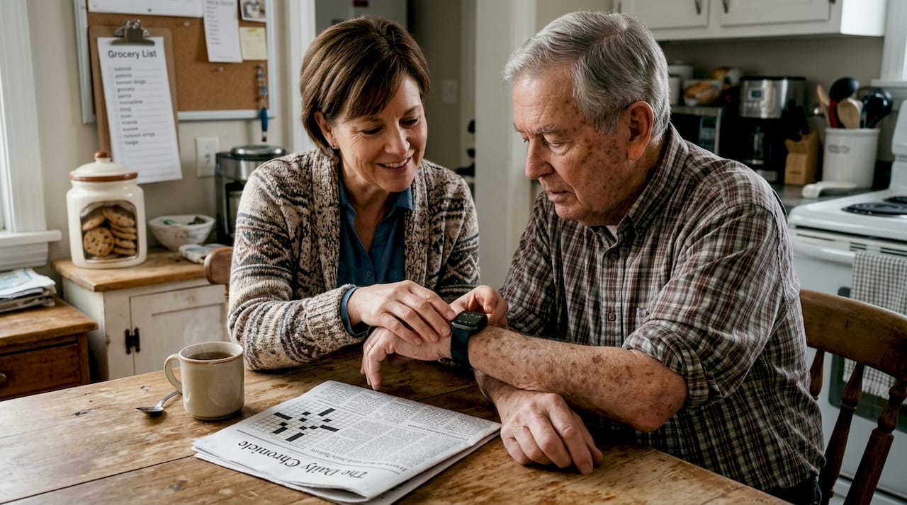 Caregiver showing smartwatch features in kitchen