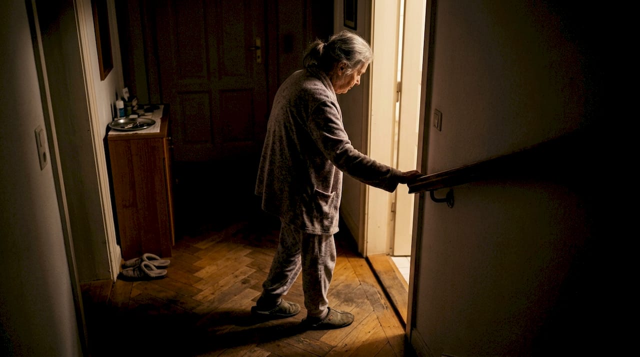 Eine ältere Dame hält sich nachts vorsichtshalber am Treppengeländer fest.