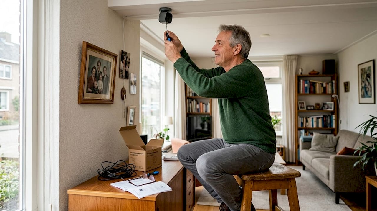 Een oudere man hangt een nachtcamera op.