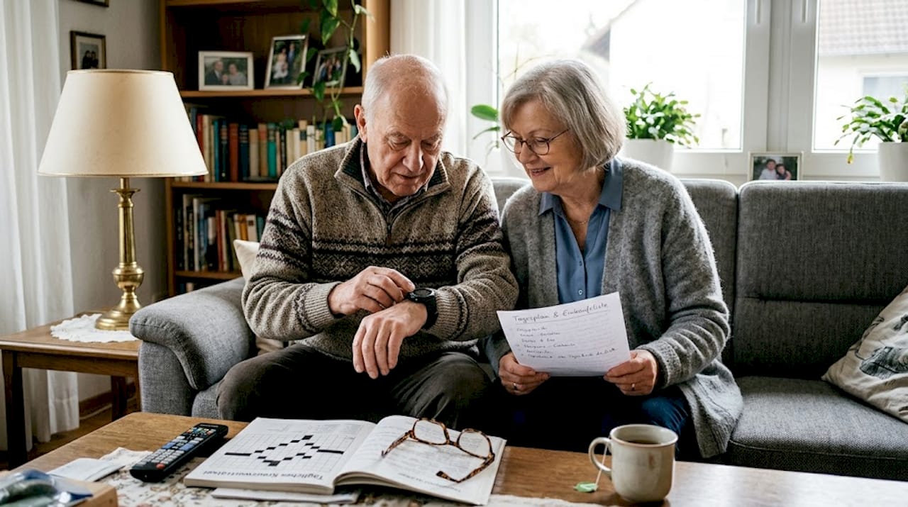 Ein älteres Ehepaar sitzt gemütlich zu Hause und schaut sich gemeinsam eine GPS-Uhr an, um deren Funktionen zu entdecken.