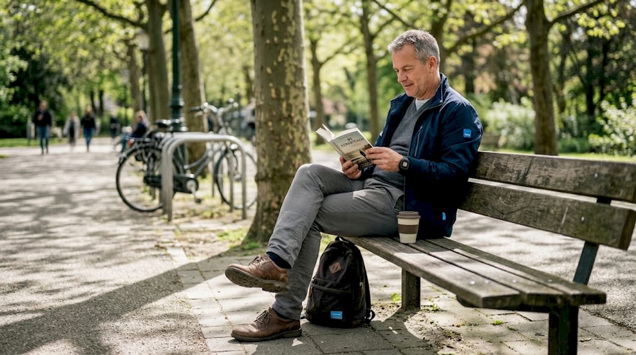 Man zit op een bankje te lezen met een gps-enkelband om zijn enkel.