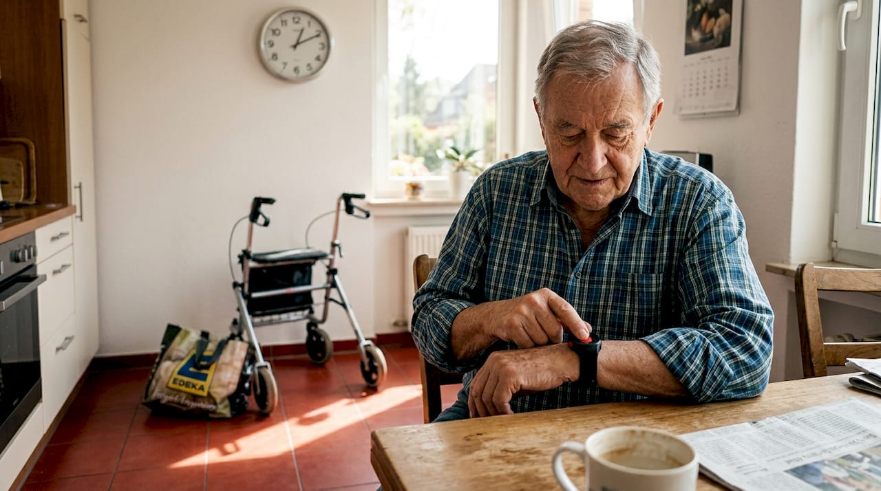 Senior aktiviert GPS-Notruf bequem von zu Hause aus
