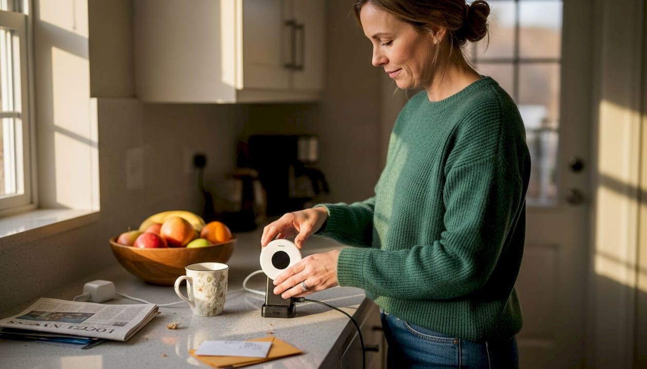 Caregiver charging GPS tracker in home kitchen
