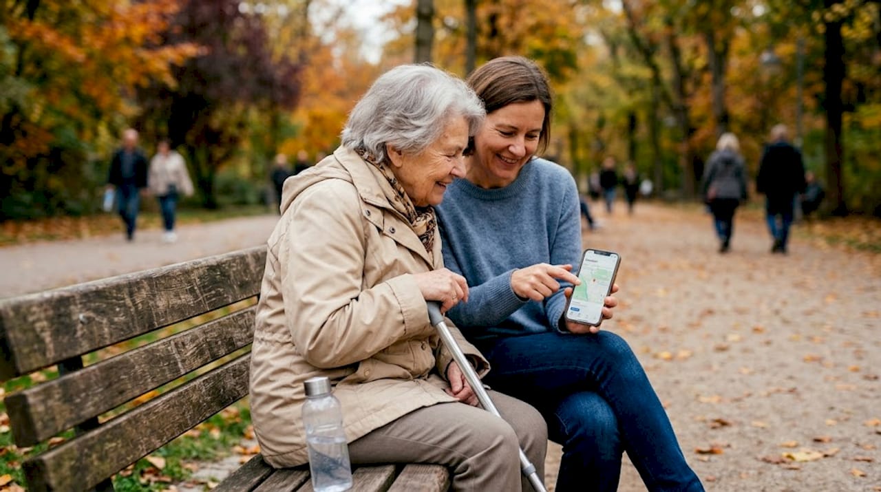 Im Park zeigt eine Tochter ihrem älteren Vater, wie er das GPS auf seinem Handy richtig benutzt.