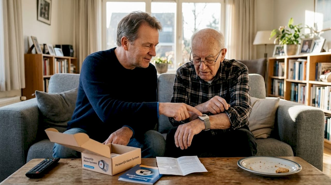 Een familielid helpt opa of oma met het installeren van het personenalarm in de woonkamer.