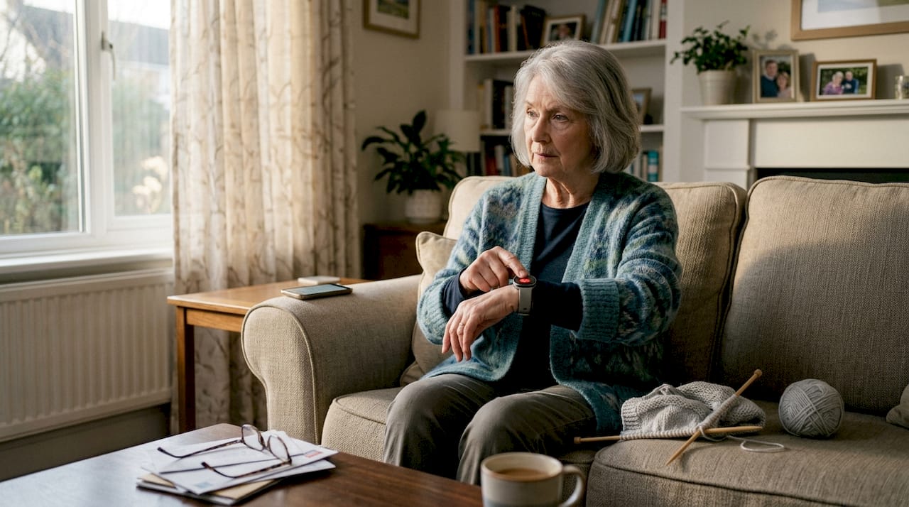 Elderly woman activating SOS watch in living room
