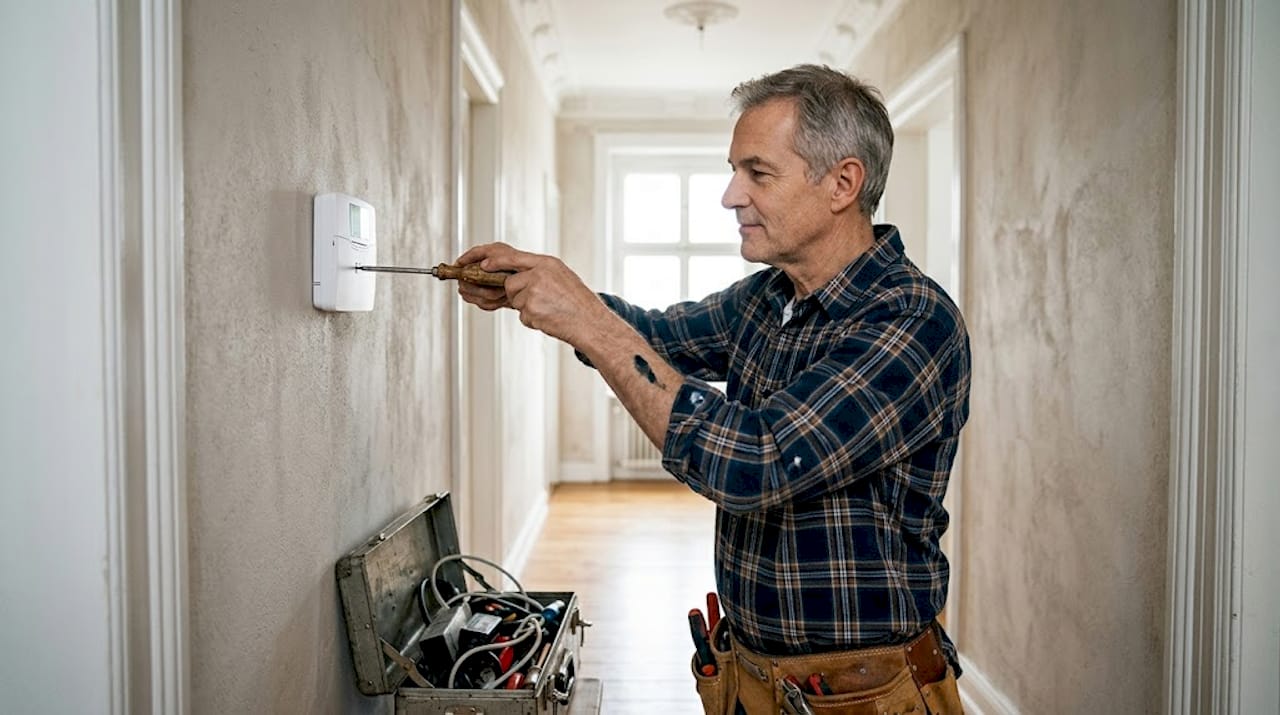 Im Flur installiert der Elektriker die zentrale Alarmstation.