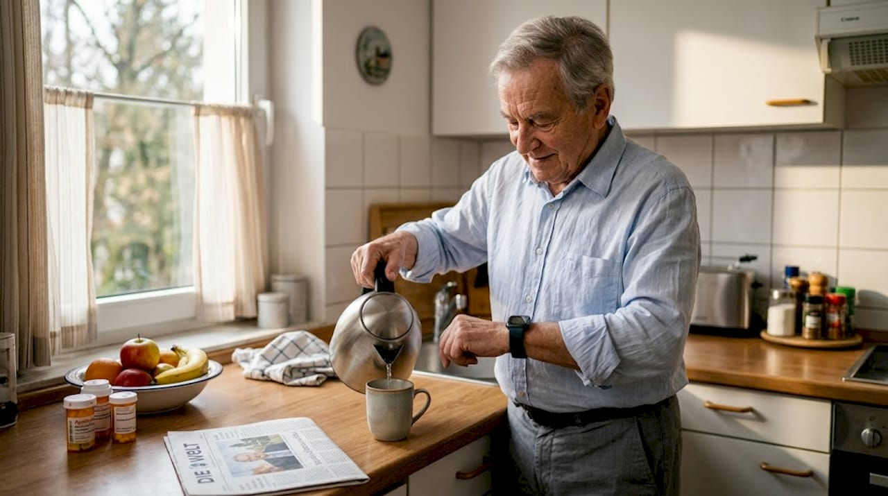 Ein älterer Herr trägt zu Hause ein GPS-Armband, das ihm mehr Sicherheit im Alltag bietet.