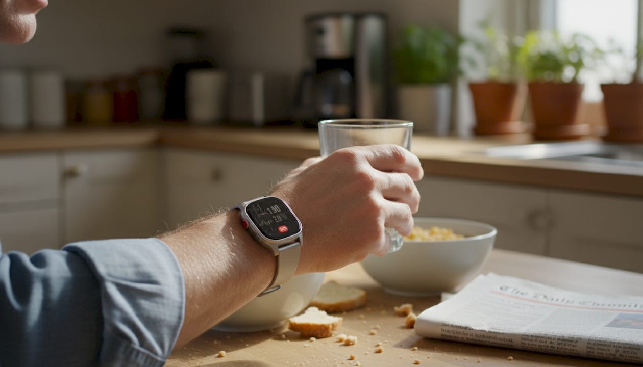Close-up sos watch being used at kitchen table