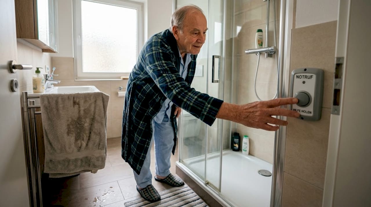 Ein älterer Herr betätigt den Notrufknopf im Badezimmer.