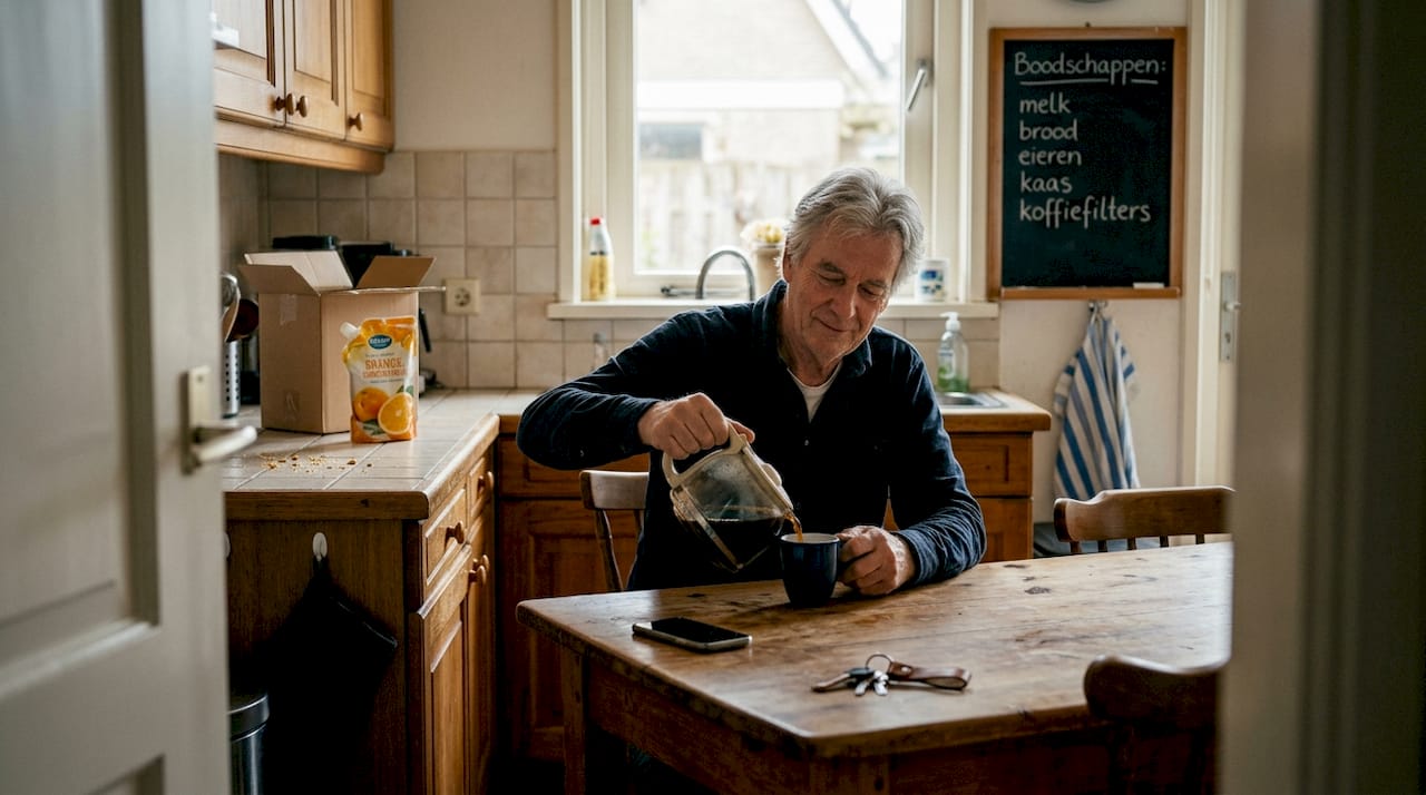 Een oudere man begint zijn ochtend met zijn vaste rituelen in de keuken.